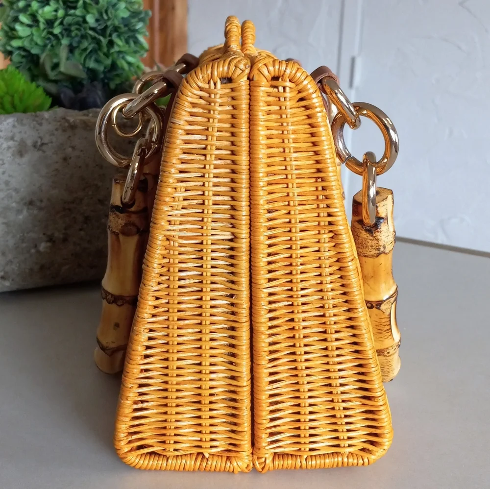 Serpui Paola Wicker Bag with Bamboo handles & strap. MSRP $398